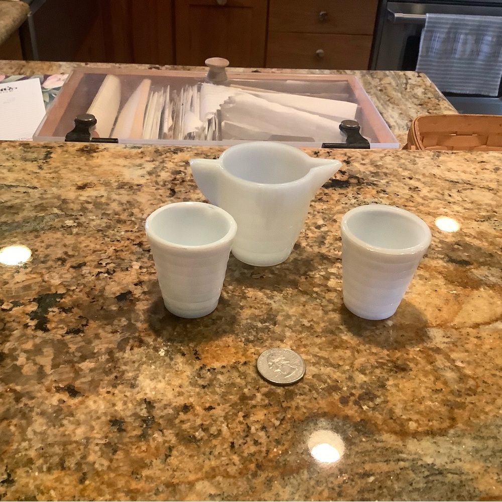 3 piece white glass miniature pitcher with 2 glasses perfect condition